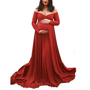 Maternity Off Shoulder Long Sleeve Dress – Elegant Solid Color Gown for Photography & Special Occasions