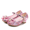 Girls Princess Leather Shoes – Glitter Flower & Butterfly Knot Low Heel | 4 Colors | Sizes 26–38
