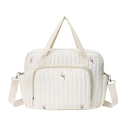 Quilted Cotton Baby Nappy Bag, Multifunctional Travel Diaper Tote with Adjustable Strap, Spacious Messenger Crossbody Maternity Bag (Bear/Tulip Embroidery)