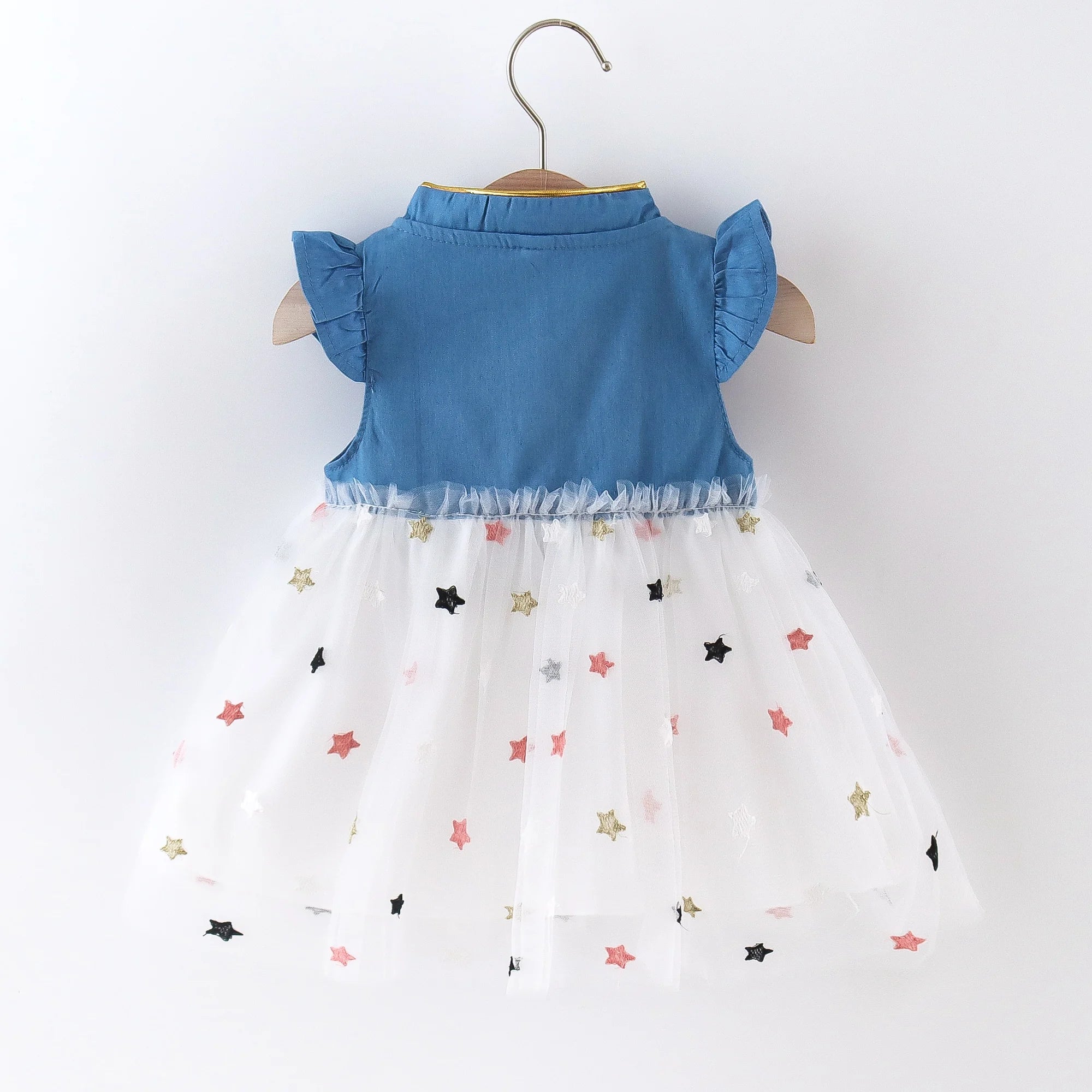 Girls' Summer Bow Denim Dress with Flying Sleeves 1lovebaby Girls' Summer Bow Denim Dress with Flying Sleeves 1lovebaby