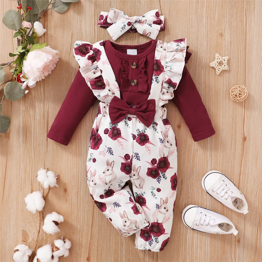 Baby Girl Red Long Sleeve Bodysuit Flower Strap Pants Set