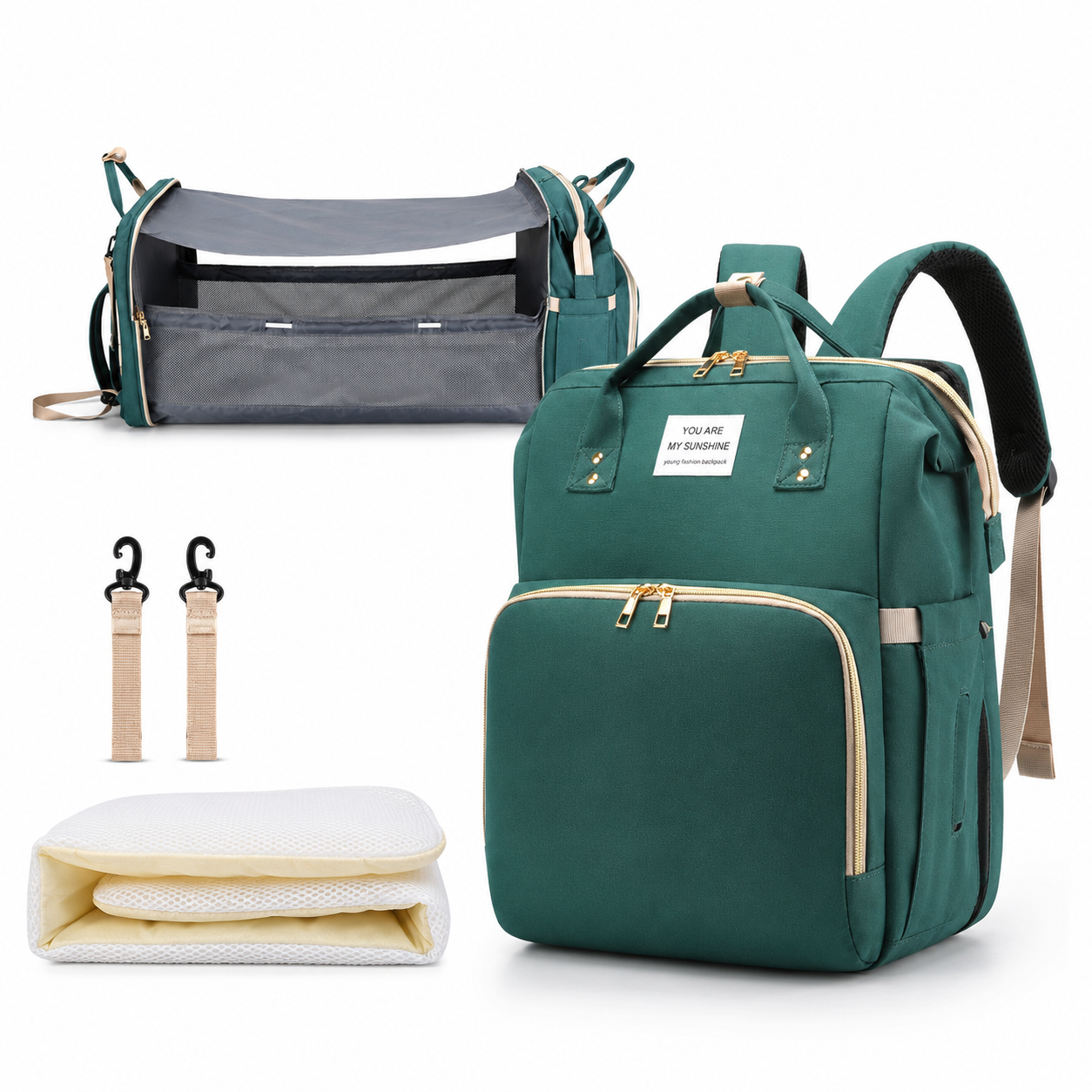 3-in-1 Diaper Bag Backpack with Portable Changing Station & Mosquito Net, TYPE 3 green