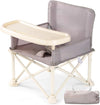Foldable baby high chair with tray and carrying bag on a white background