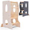 Two wooden climbing structures, one beige and one gray, on a white background.