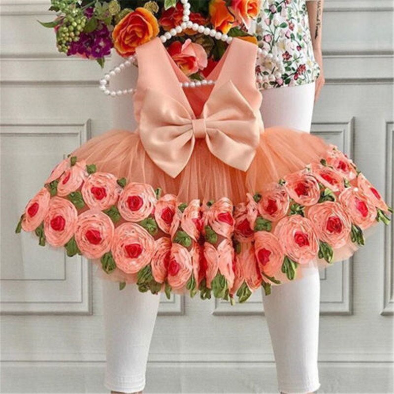 Floral Shaped Ribbon Tiered Girl Formal Party Dress, 2T / Orange Floral Shaped Ribbon Tiered Girl Formal Party Dress, 2T / Orange