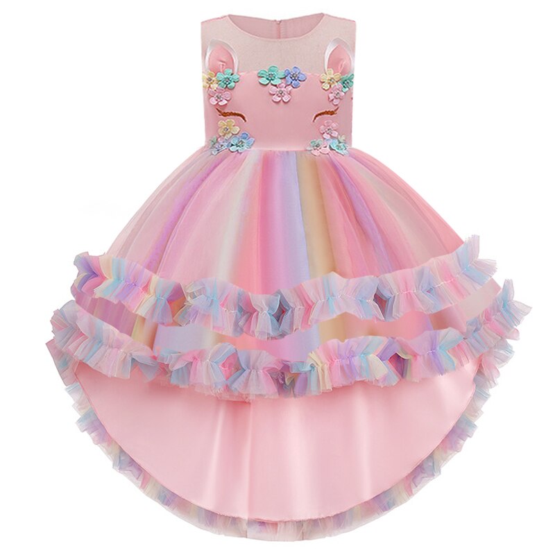 Long Back Ruffles Unicorn Dress, Pink / 9 Long Back Ruffles Unicorn Dress, Pink / 9
