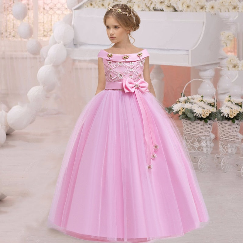 White Gown With Netted Cape And Embellished Pink Flowers For Girls –  Lagorii Kids