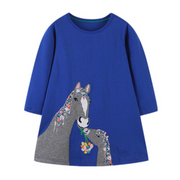 Horse and Foal Print Blue Long Sleeve Top Dress
