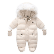 Detachable Fur Hood Baby Parka Jumpsuit with Mittens