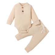 Rib Knit Cotton Long Sleeve Romper and Pants Set