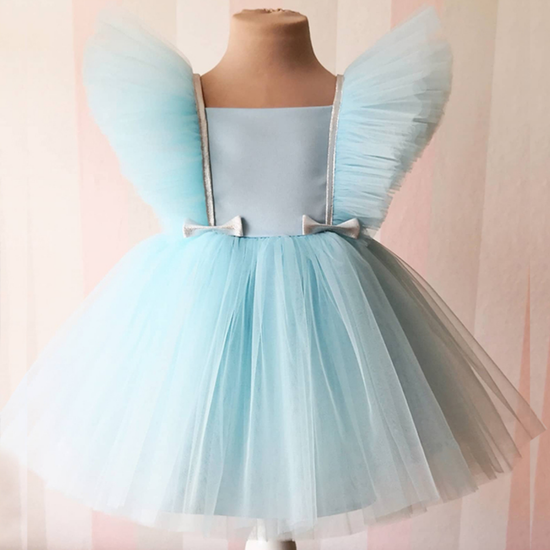 Plain Puffy Mesh Sleeves Baby Girl Formal Party Dress, Blue / 4 Plain Puffy Mesh Sleeves Baby Girl Formal Party Dress, Blue / 4