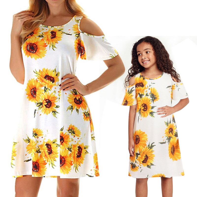 Sunflower Pattern Casual Loose Women's Dress for Mother and Daughter, White / Mom L Sunflower Pattern Casual Loose Women's Dress for Mother and Daughter, White / Mom L