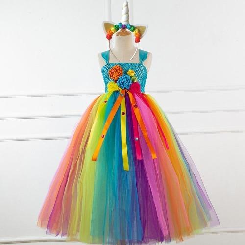 Crochet Top Floral Long Tutu Dress, Blue / 2T Crochet Top Floral Long Tutu Dress, Blue / 2T