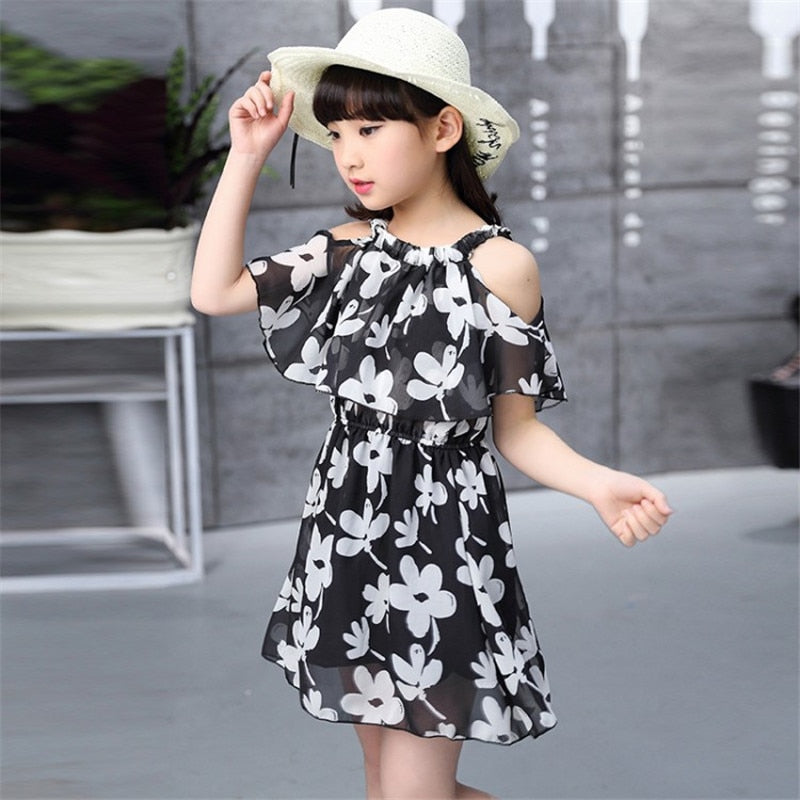 Tropical Leaves Print Cold Shoulder Girl Summer Dress, 10 / White/Black Tropical Leaves Print Cold Shoulder Girl Summer Dress, 10 / White/Black