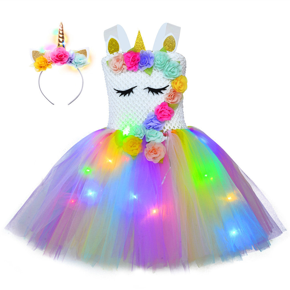 Crochet Top Floral Unicorn LED Dress, Blue/Purple / 8T
