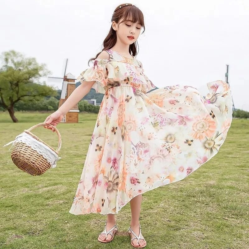 Floral Airy Cold Shoulder Bohemian Girl Long Summer Dress, Light Orange / 8 Floral Airy Cold Shoulder Bohemian Girl Long Summer Dress, Light Orange / 8