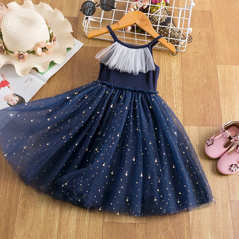 Star Splash Layering Mesh Girl Casual Birthday Dress, 7 / Dark Blue/White Star Splash Layering Mesh Girl Casual Birthday Dress, 7 / Dark Blue/White