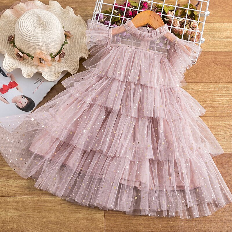 Star Splash Layering Mesh Girl Casual Birthday Dress, 7 / Black/Light Pink Star Splash Layering Mesh Girl Casual Birthday Dress, 7 / Black/Light Pink