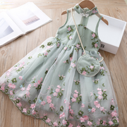 Summer Floral Embroidery Hanfu Style Girls Mesh Dress