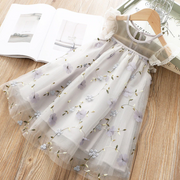 Flying Sleeve Floral Embroidery Girls Summer Mesh Dress