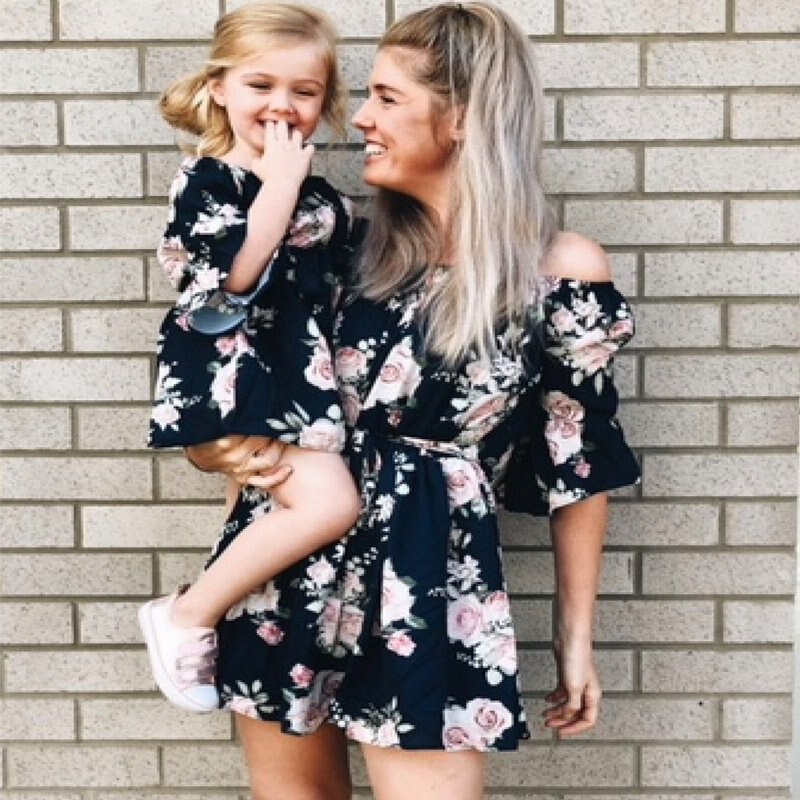 Mommy and Daughter Matching Clothes Floral Printed Mini Dress, Black / Kid 80cm Mommy and Daughter Matching Clothes Floral Printed Mini Dress, Black / Kid 80cm