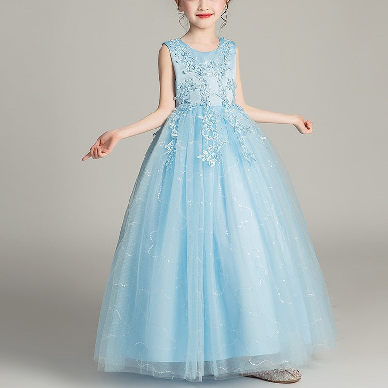 Lace Up Pearl and Sequin Accentuated Elegant Girls Ball Gown, White / 12-14 Lace Up Pearl and Sequin Accentuated Elegant Girls Ball Gown, White / 12-14