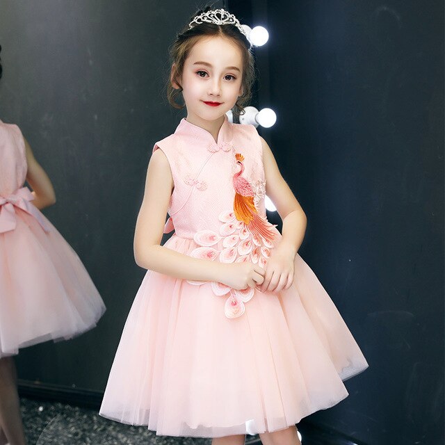 Girls Chinese Qipao Style Embroidered Peacock Cocktail Dress, Pink Short / 6 Girls Chinese Qipao Style Embroidered Peacock Cocktail Dress, Pink Short / 6
