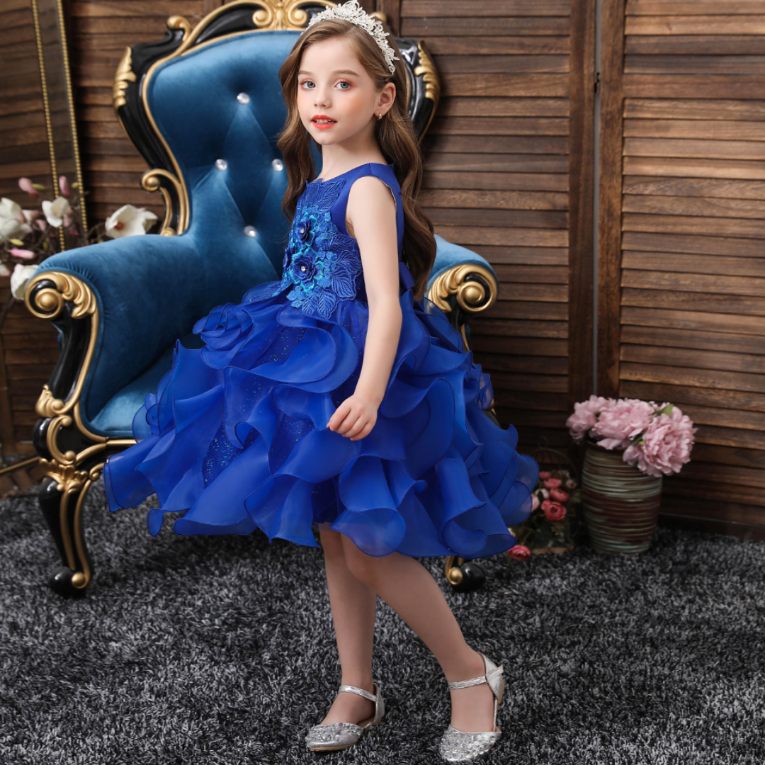 Elegant Blue Floral Petal Wave Princess Party Dress, 6 / Blue