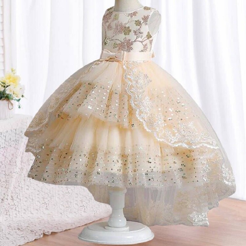 Rose Design Floral Long Back Girls Fashion Party Dress, Light Yellow / 11 Rose Design Floral Long Back Girls Fashion Party Dress, Light Yellow / 11