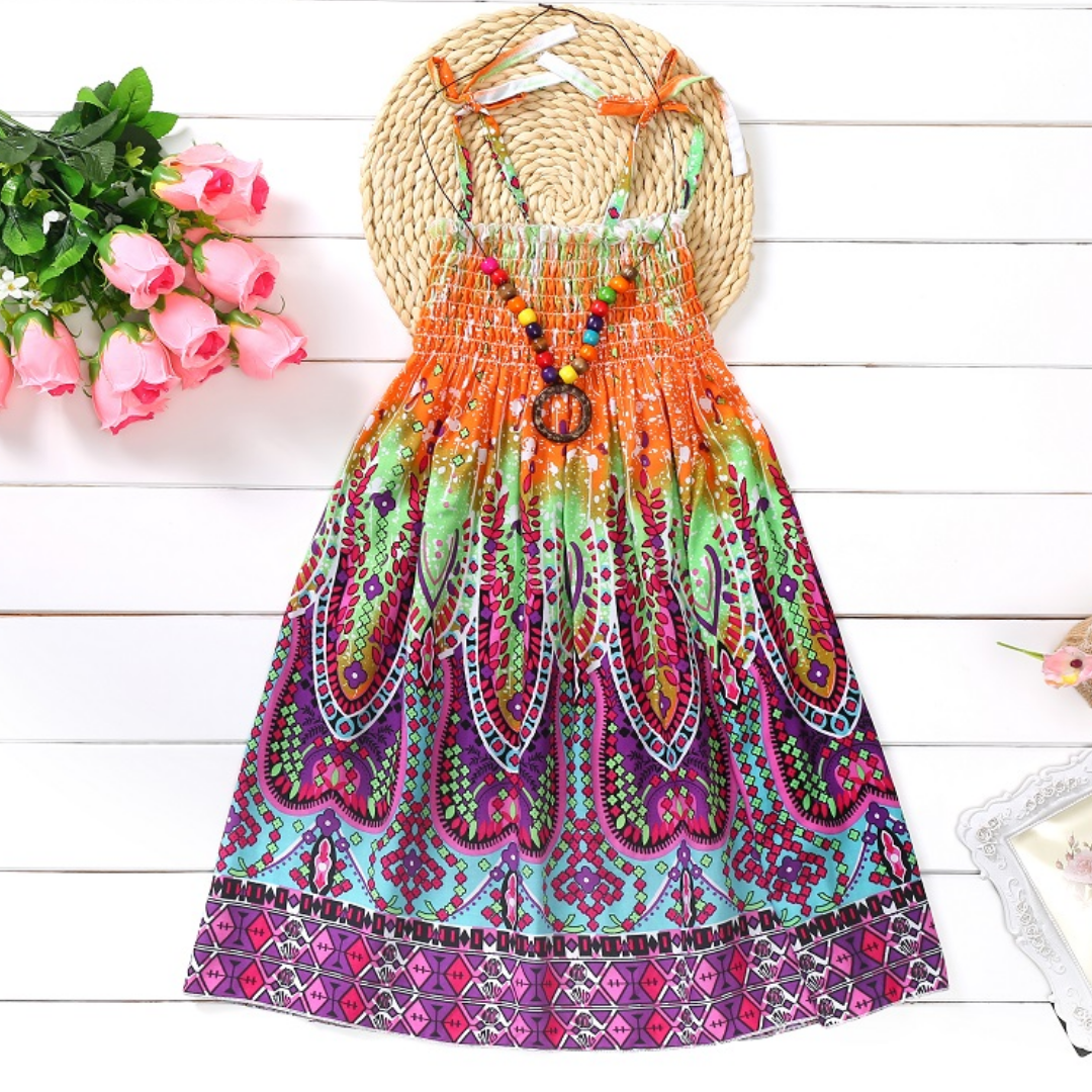 Aztec Ornament Pattern Print Bohemian Beach Girl Summer Dress, Orange / 3T Aztec Ornament Pattern Print Bohemian Beach Girl Summer Dress, Orange / 3T
