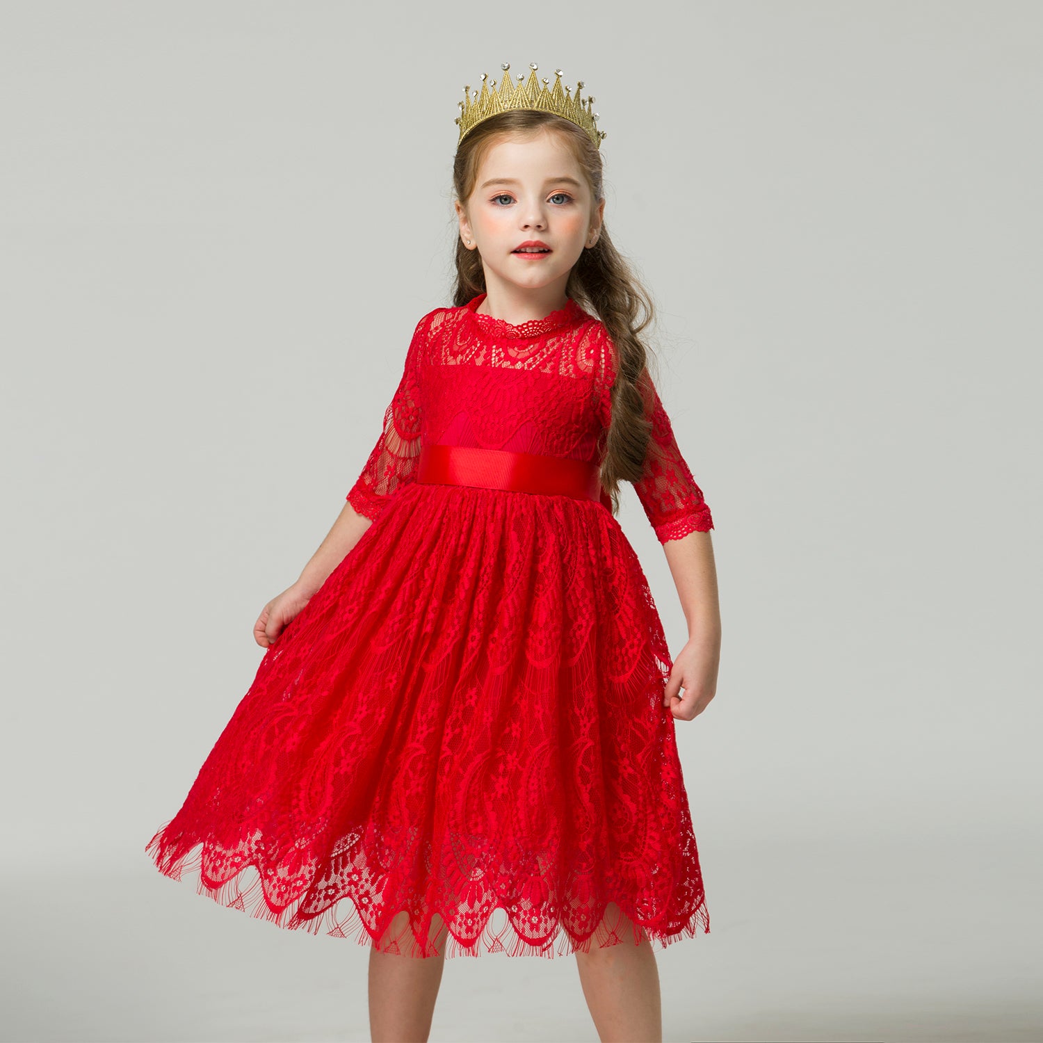 Lace Dress with Ribbon - 1Lovebaby, Red / 6 Lace Dress with Ribbon - 1Lovebaby, Red / 6