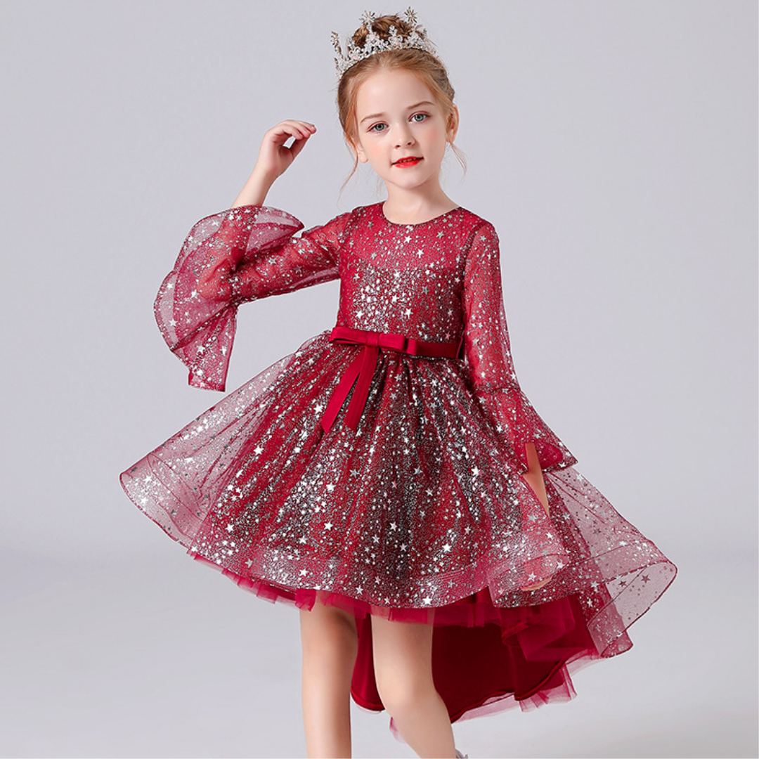 Sparkling Star Long Back Girls Fashion Party Dress, Red/Yellow / 12