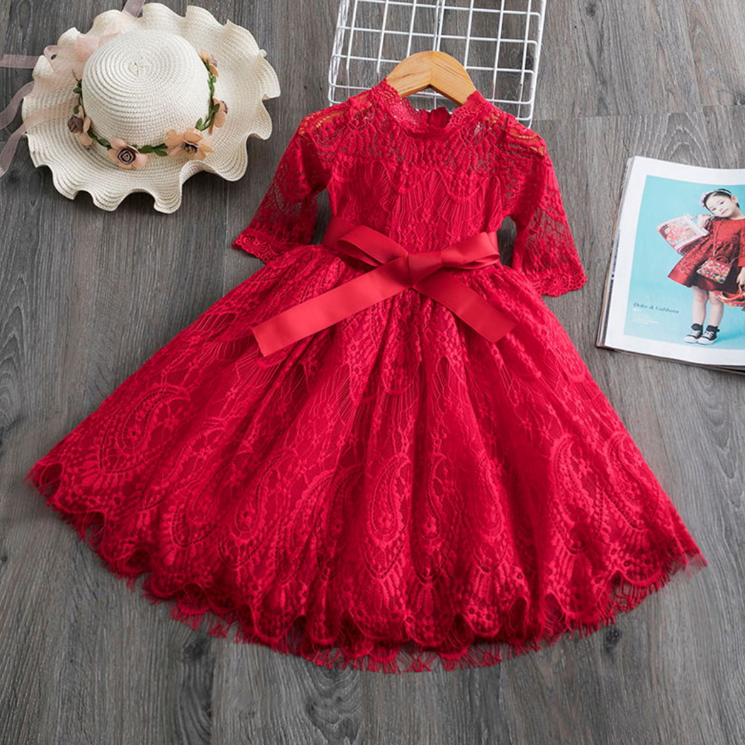 Lace Dress with Ribbon - 1Lovebaby, Red / 6 Lace Dress with Ribbon - 1Lovebaby, Red / 6