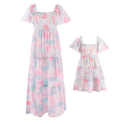 Mother Daughter Matching Dress Tie-dyed  Puff Sleeve Long