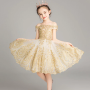 Golden Sequin Embroidered Tulle Princess Flower Girl Dress