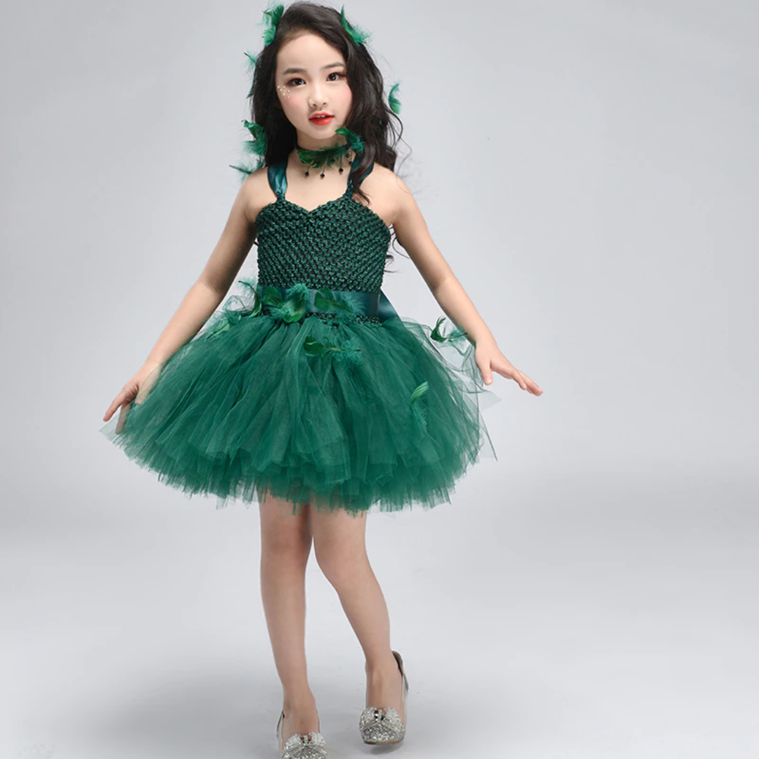 Trailing Green Fairy Halloween Costume Tutu Dress Set, Short Dress / 5 Trailing Green Fairy Halloween Costume Tutu Dress Set, Short Dress / 5