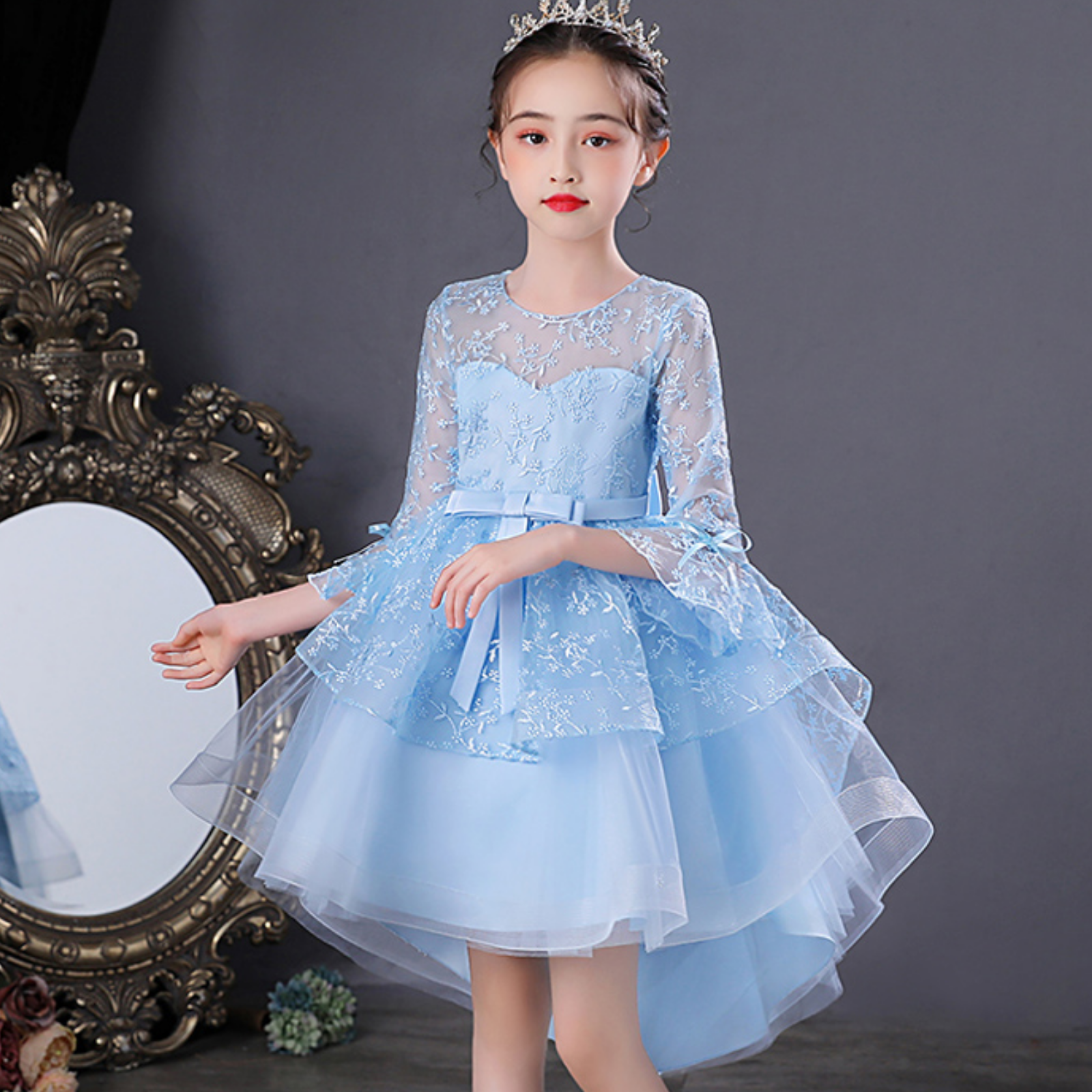 Jacquard Layer Mesh Bow Dove Tail Princess Party Dress, Blue / 3T-4