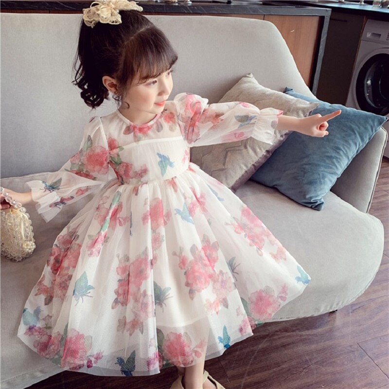 Embroidered Rose Pattern Puff Sleeves Princess Dress, White/Pink / 5 Embroidered Rose Pattern Puff Sleeves Princess Dress, White/Pink / 5