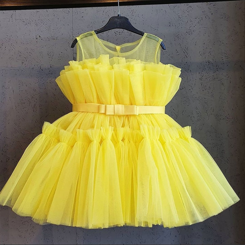 Plain Puffy Mesh Sleeves Baby Girl Formal Party Dress, Yellow / 3 Plain Puffy Mesh Sleeves Baby Girl Formal Party Dress, Yellow / 3