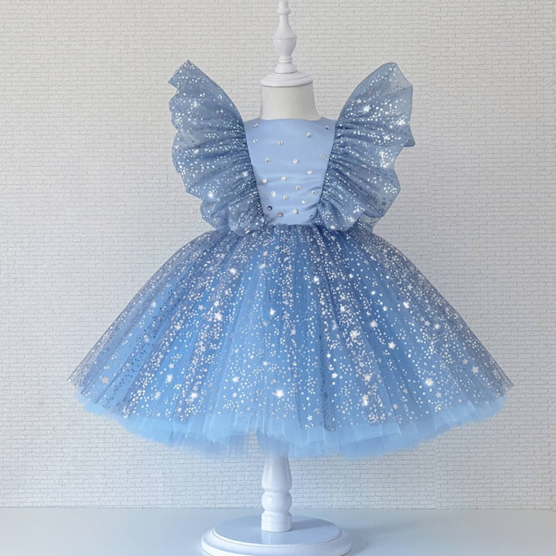 Plain Puffy Mesh Sleeves Baby Girl Formal Party Dress, Blue/White / 18M Plain Puffy Mesh Sleeves Baby Girl Formal Party Dress, Blue/White / 18M