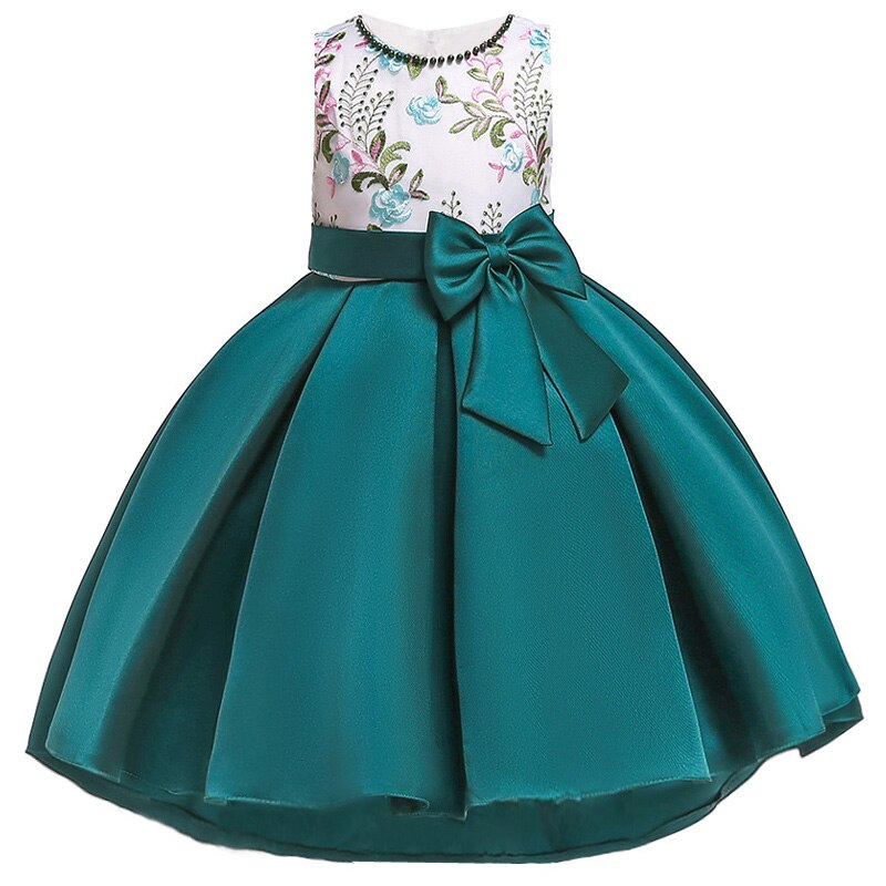 Puff Sleeves and Ribbon Bow Design Wedding Flower Girl Dress, White/Green / 5 Puff Sleeves and Ribbon Bow Design Wedding Flower Girl Dress, White/Green / 5