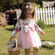 Vintage Rose and Bow Design Long Sleeves Baby Girl Dress