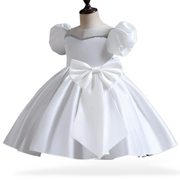 Puff Sleeves and Ribbon Bow Design Wedding Flower Girl Dress