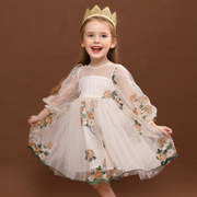 Embroidered Rose Pattern Puff Sleeves Princess Dress